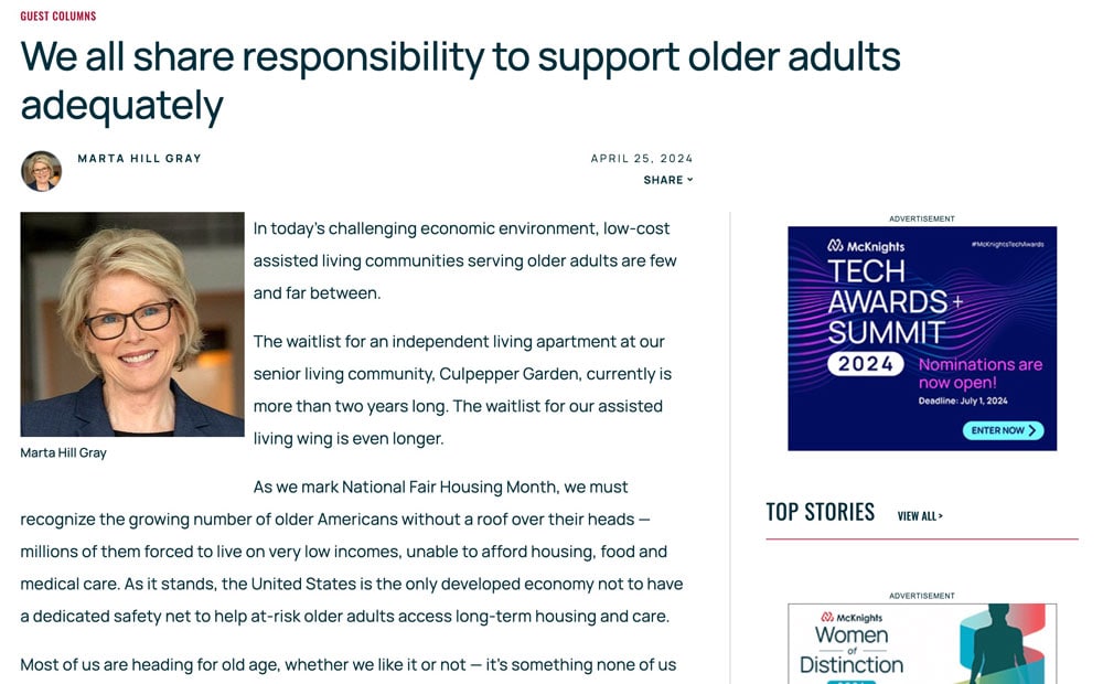 Screenshot of article on McKnight Senior Living